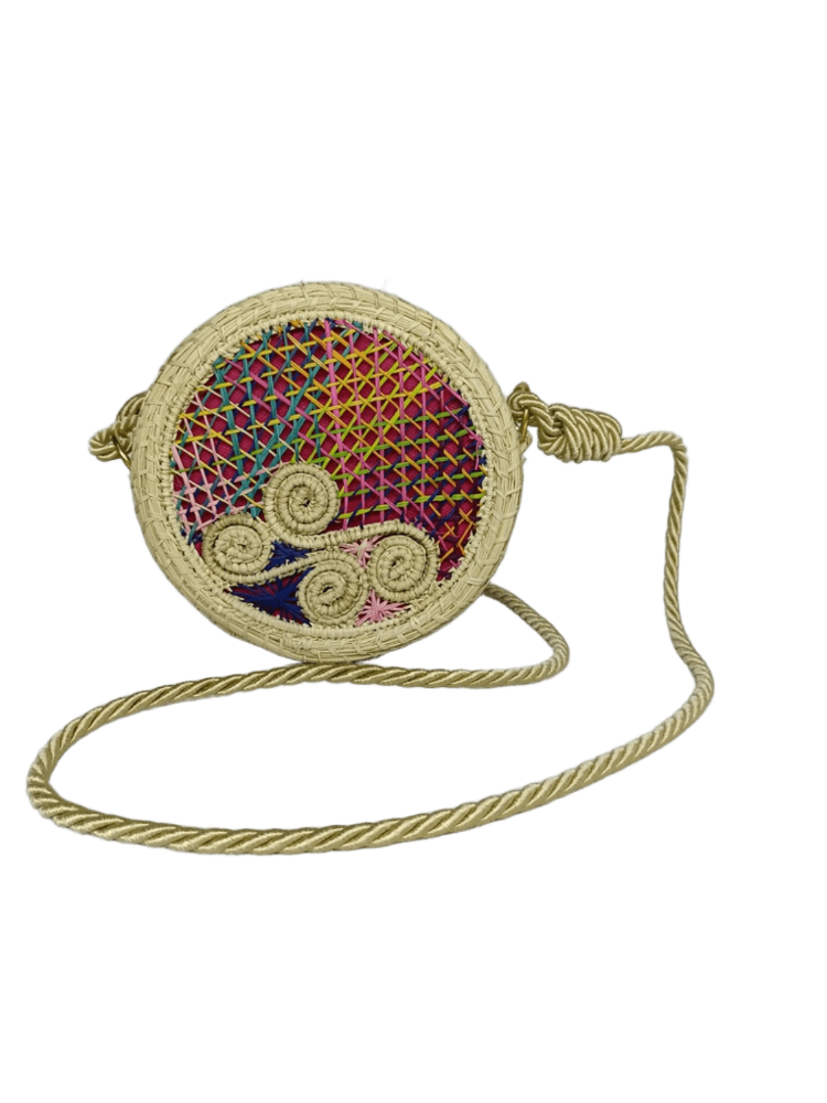 Bolso yoyo redondo en palma de iraca con tejido colorido, figuras en forma de caracoles y lazo beige