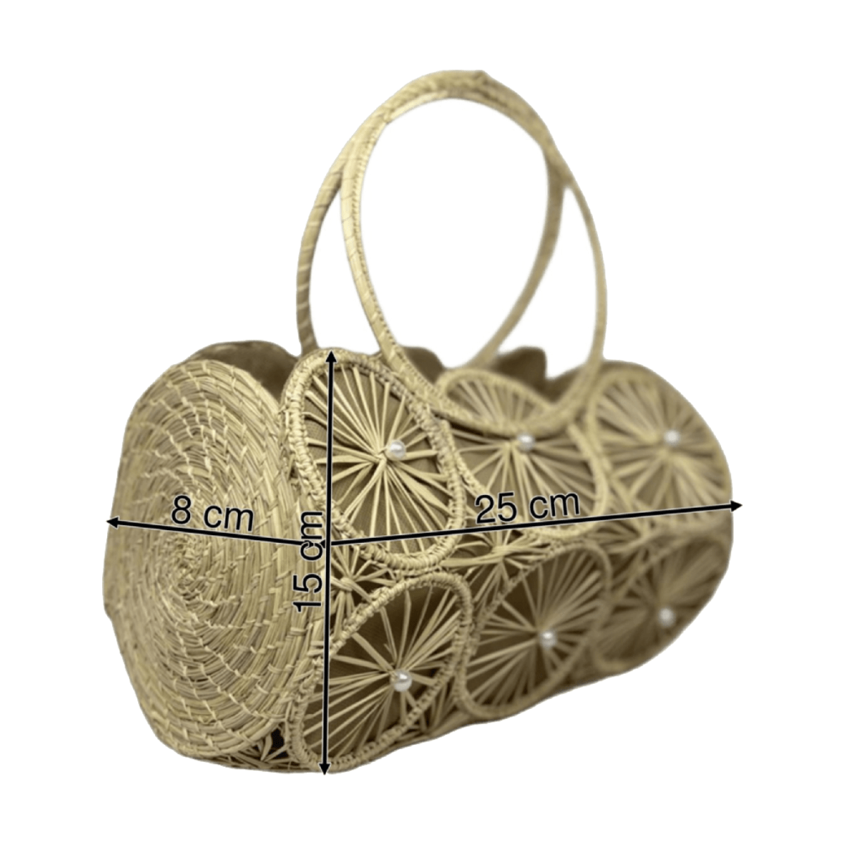 Bolso tipo cilindro de perfil elaborado en palma de iraca con figuras circulares color beige