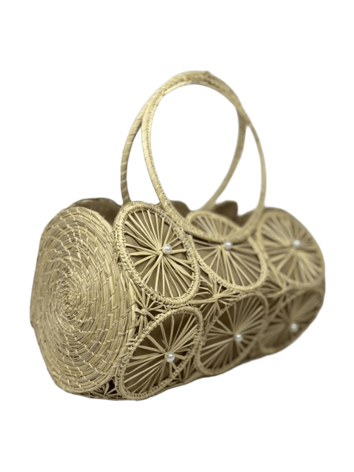 Bolso tipo cilindro de perfil elaborado en palma de iraca con figuras circulares color beige