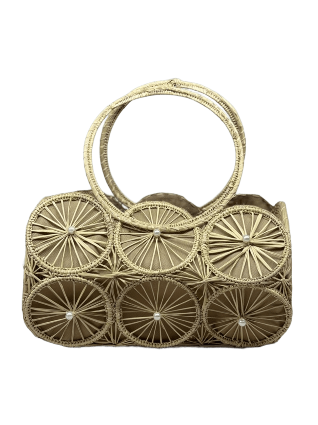 Bolso tipo cilindro elaborado en palma de iraca con figuras circulares color beige