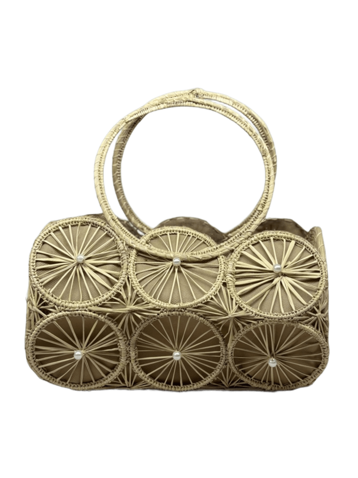 Bolso tipo cilindro elaborado en palma de iraca con figuras circulares color beige