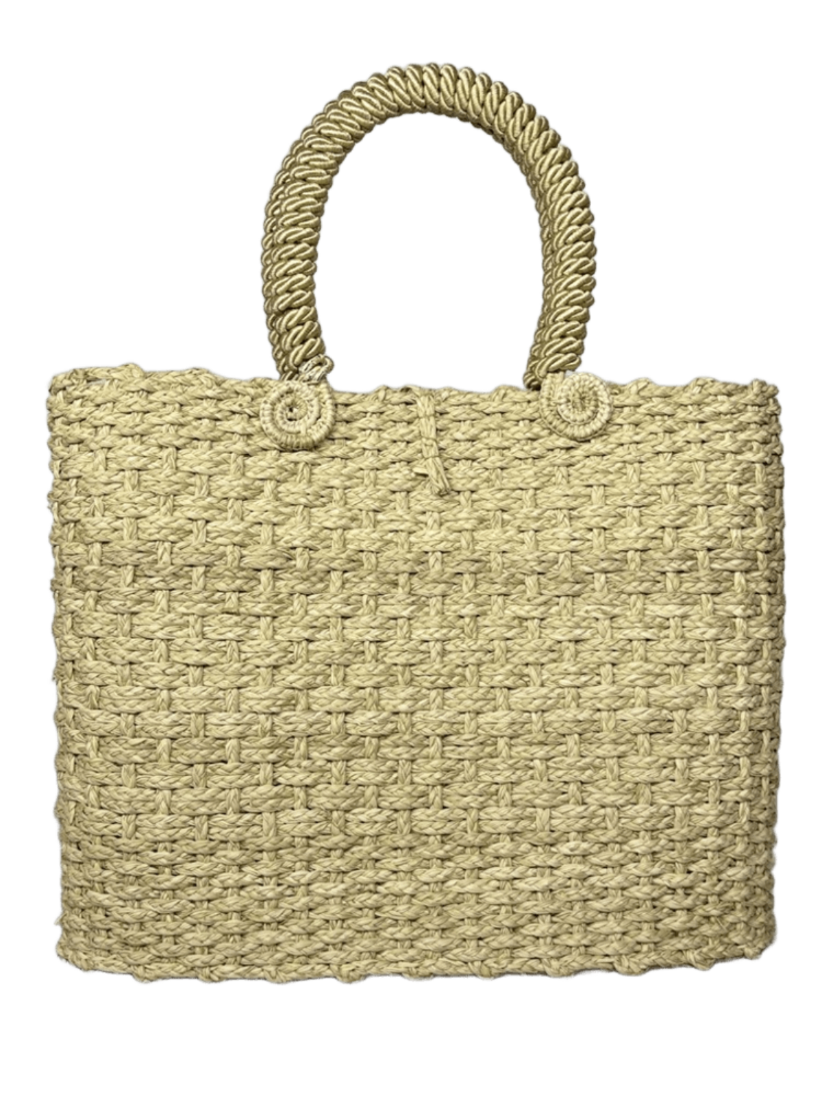 Canasto de espaldas elaborado en palma de iraca con borlas beige y aza beige