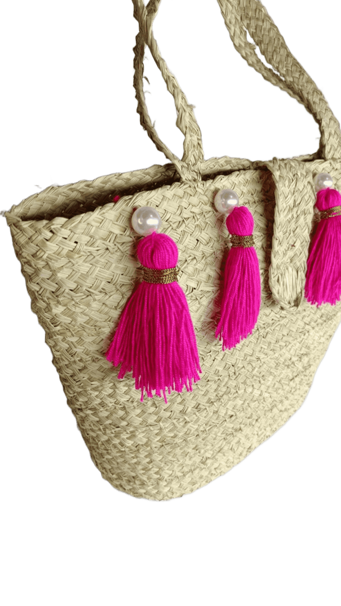 Canasto playero natural aza tira con perlas y borlas