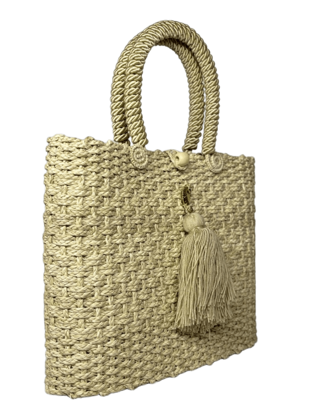 Canasto de perfil elaborado en palma de iraca con borlas beige y aza beige