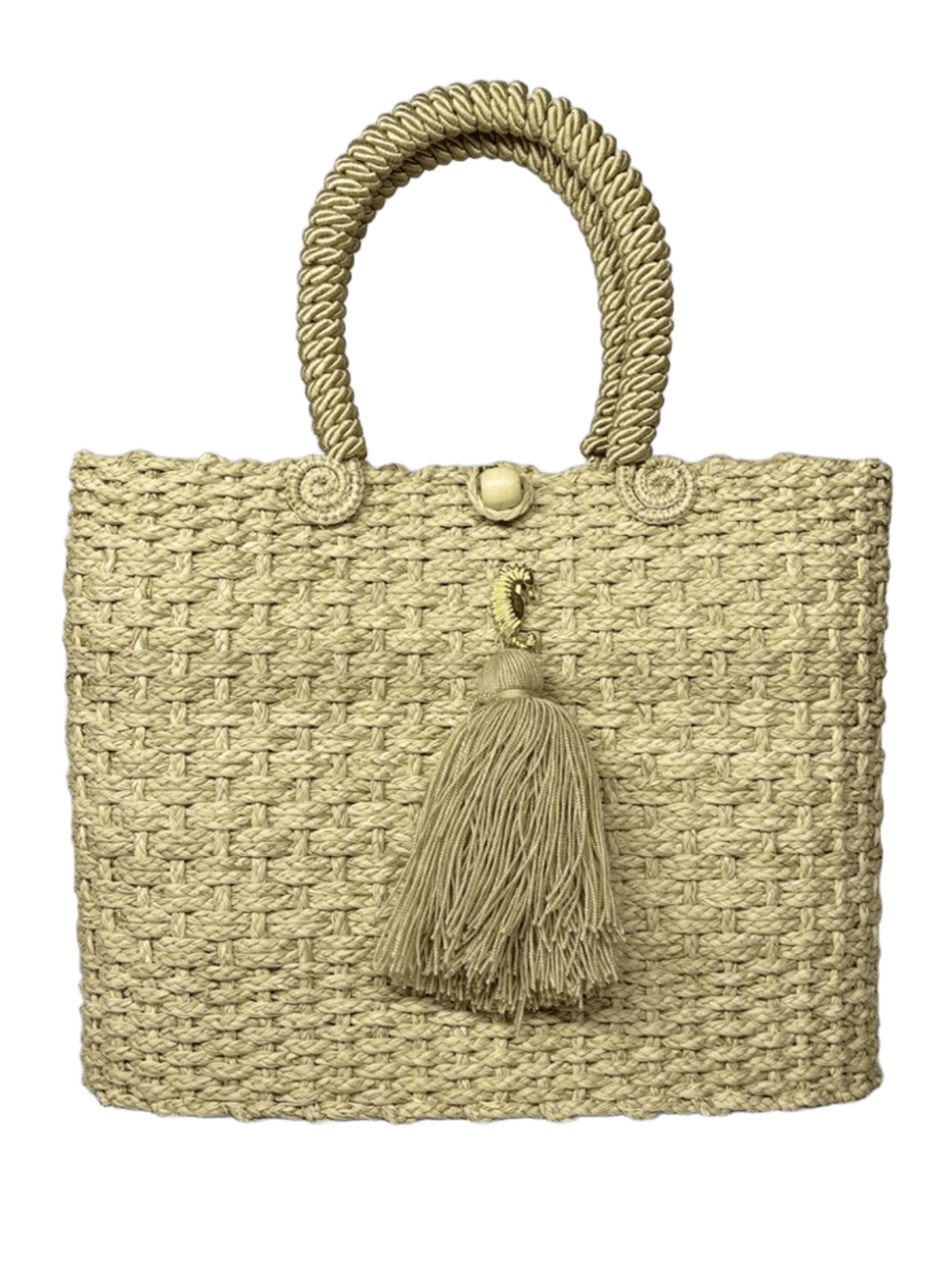 Canasto elaborado en palma de iraca con borlas beige y aza beige