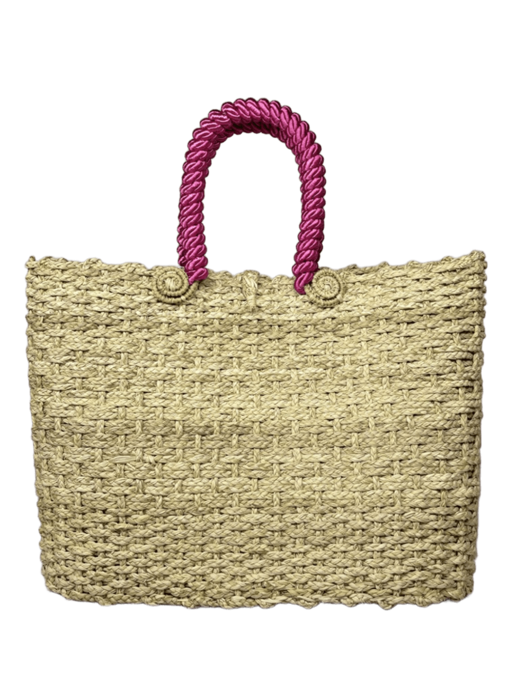 Canasto de espalda elaborado en palma de iraca con borlas fucsia y aza fucsia