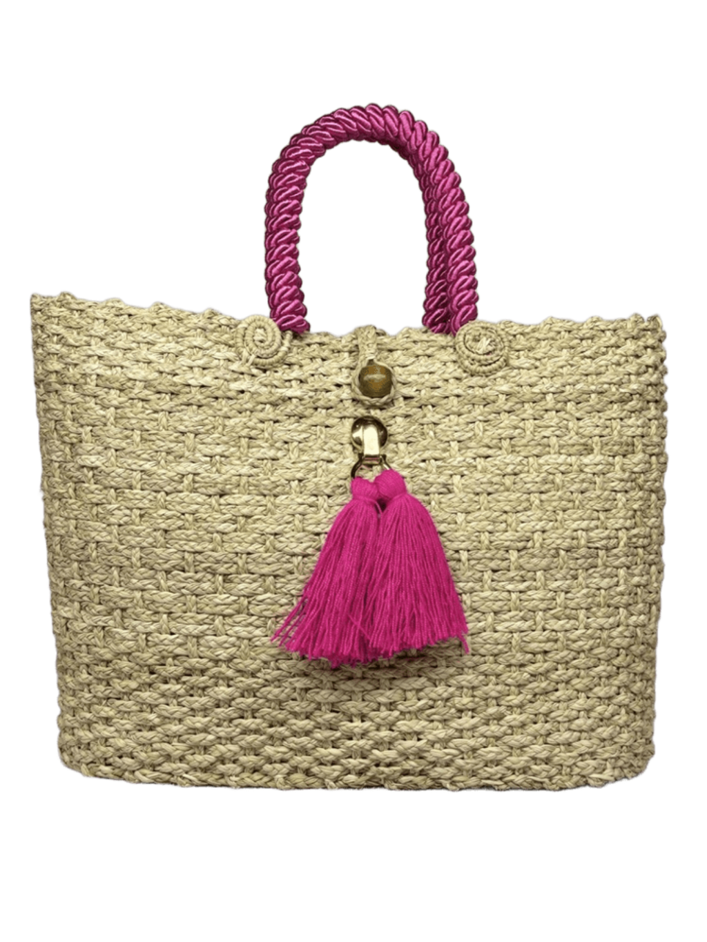 Canasto elaborado en palma de iraca con borlas fucsia y aza fucsia