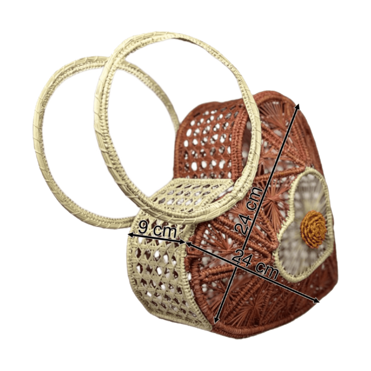 Bolso de lado elaborado en palma de iraca tipo corazón color naranja y aza beige