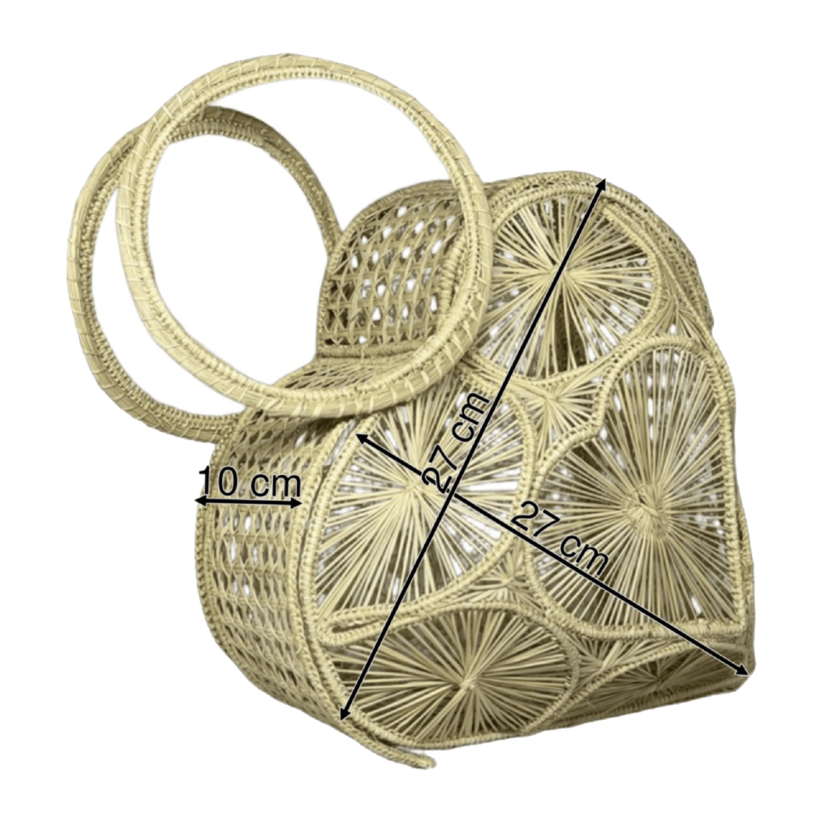 Bolso de perfil elaborado en palma de iraca tipo corazón color beige y aza beige