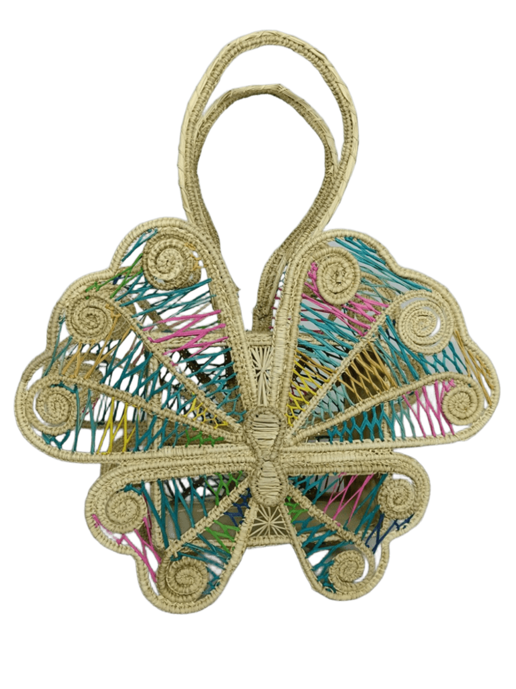 Bolso elaborado en palma de iraca en forma de mariposa colorida