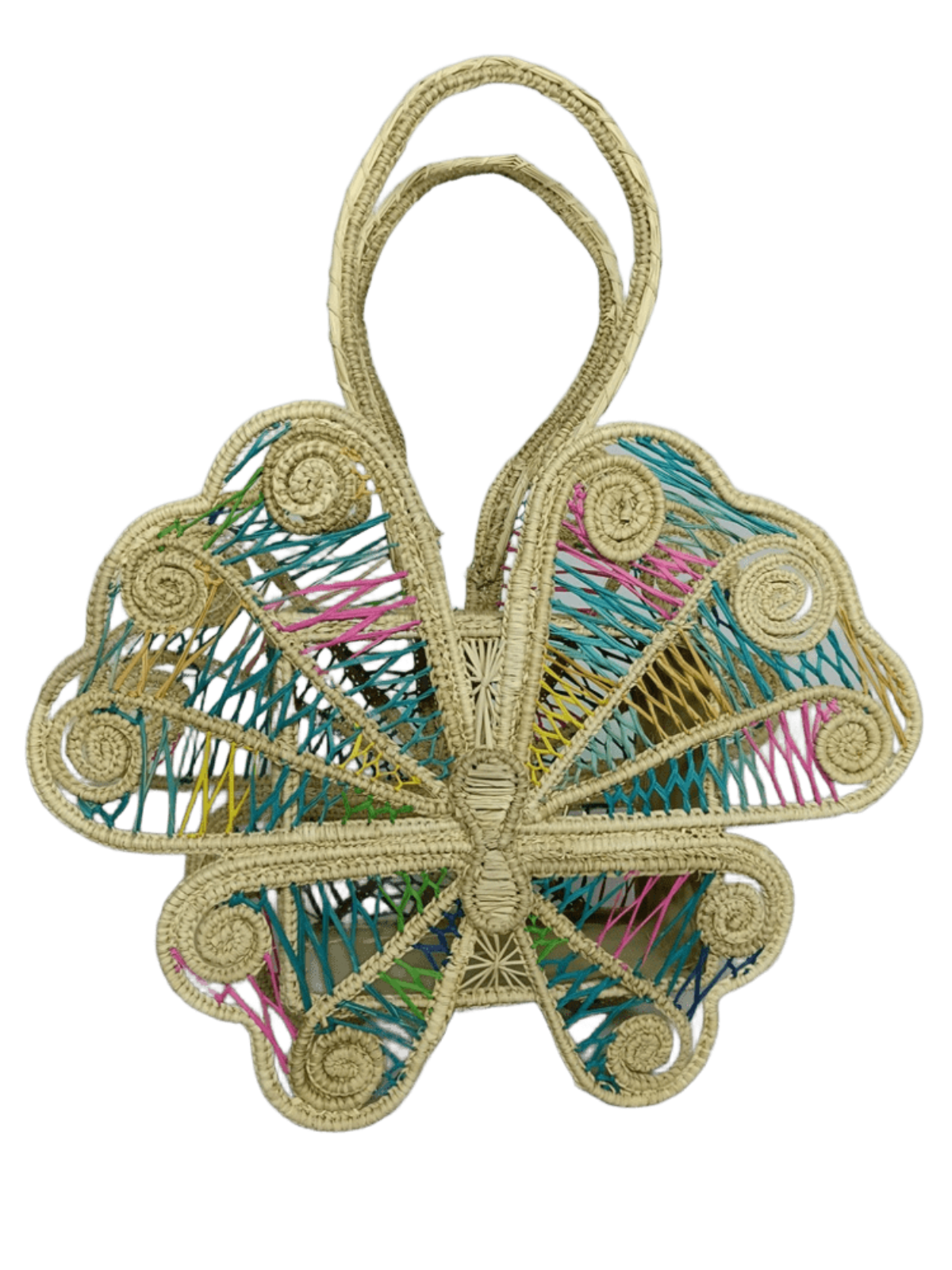 Bolso elaborado en palma de iraca en forma de mariposa colorida
