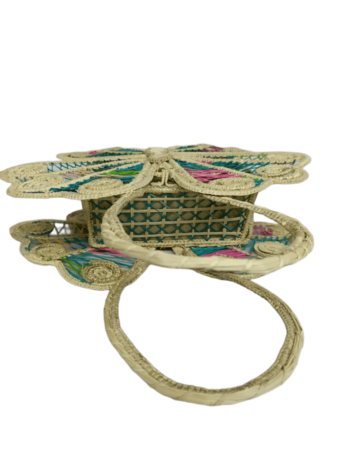 Bolso acostado elaborado en palma de iraca en forma de mariposa colorida