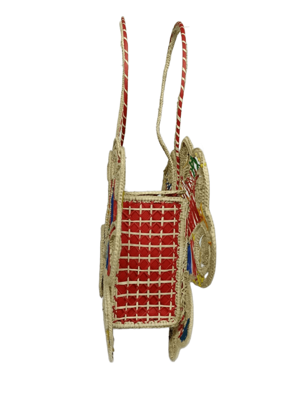 Bolso de perfil elaborado en palma de iraca en forma de mariposa colorida