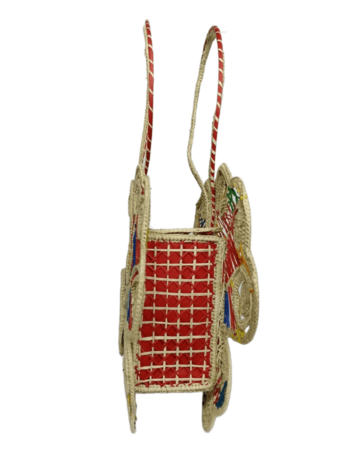 Bolso de perfil elaborado en palma de iraca en forma de mariposa colorida