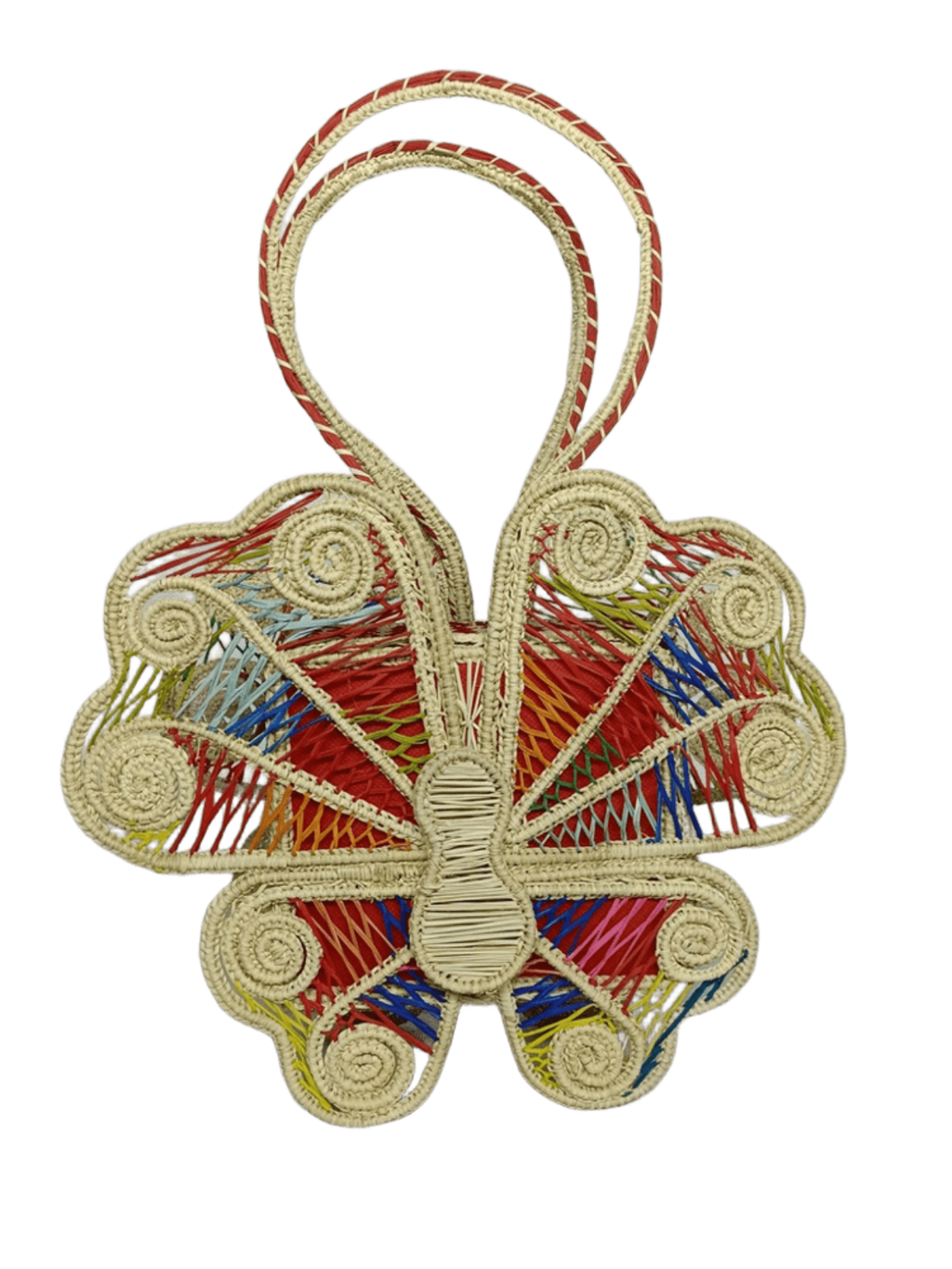 Bolso elaborado en palma de iraca en forma de mariposa colorida