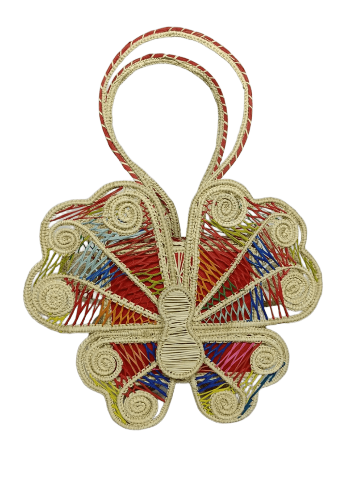 Bolso elaborado en palma de iraca en forma de mariposa colorida