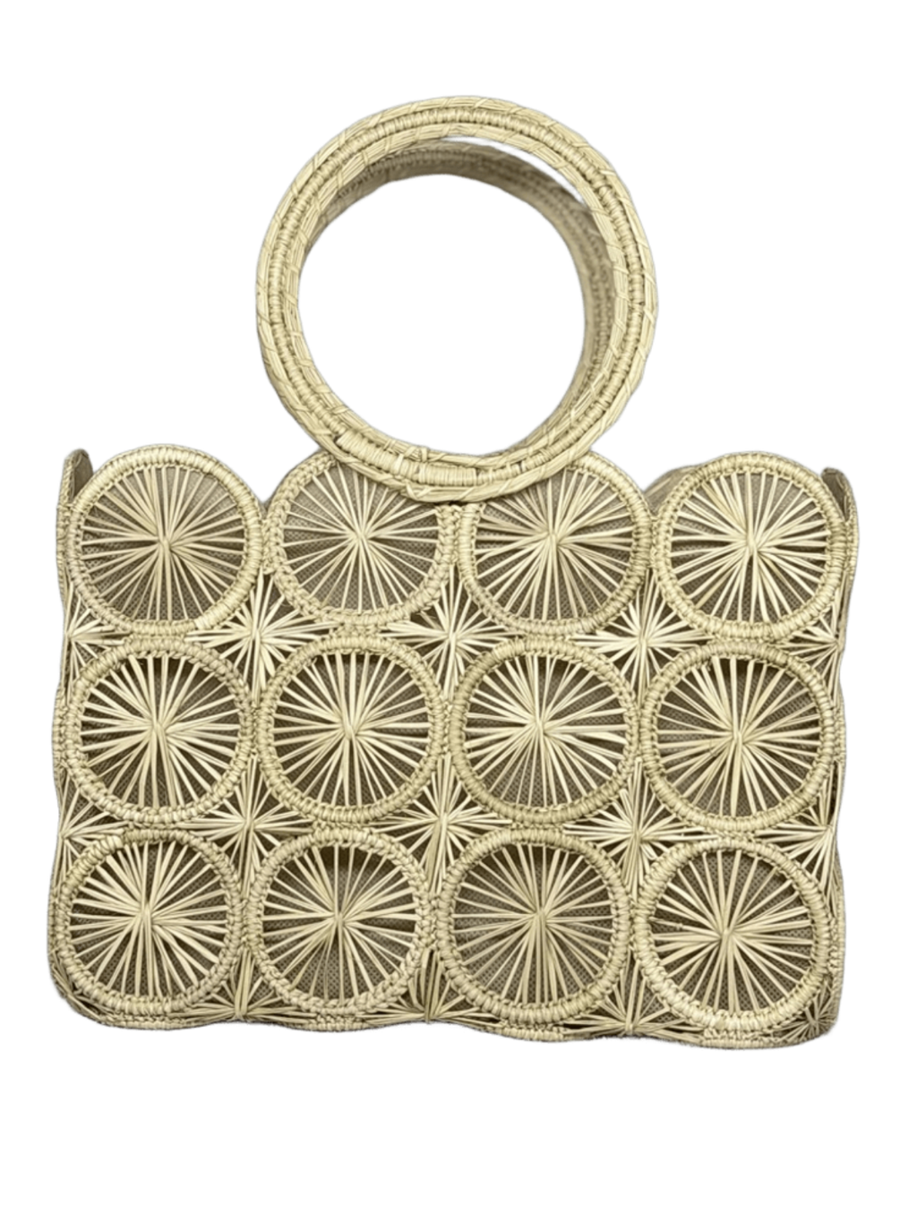 Cofre elaborado en palma de iraca con figuras en aros y dos azas color beige
