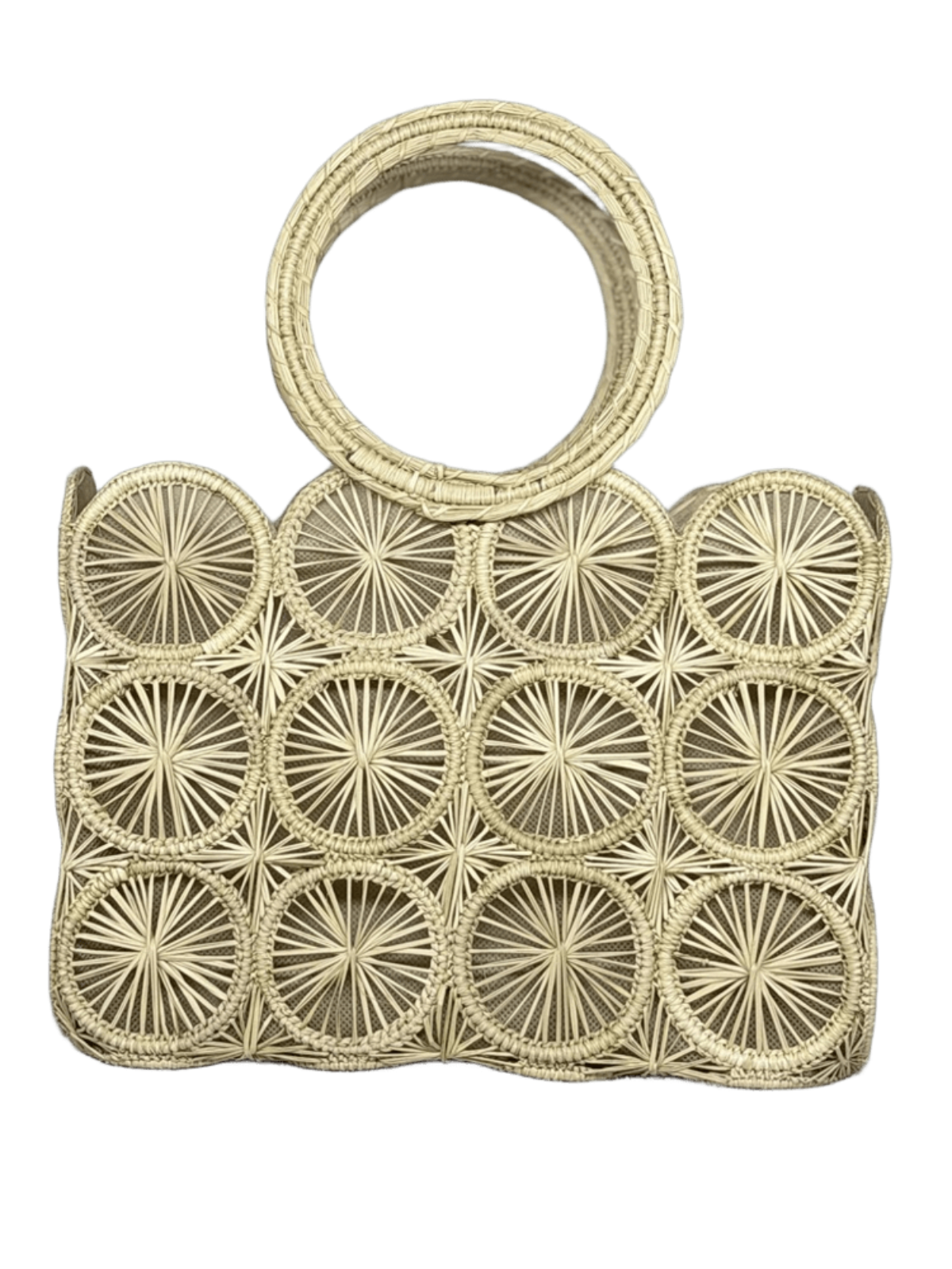 Cofre elaborado en palma de iraca con figuras en aros y dos azas color beige