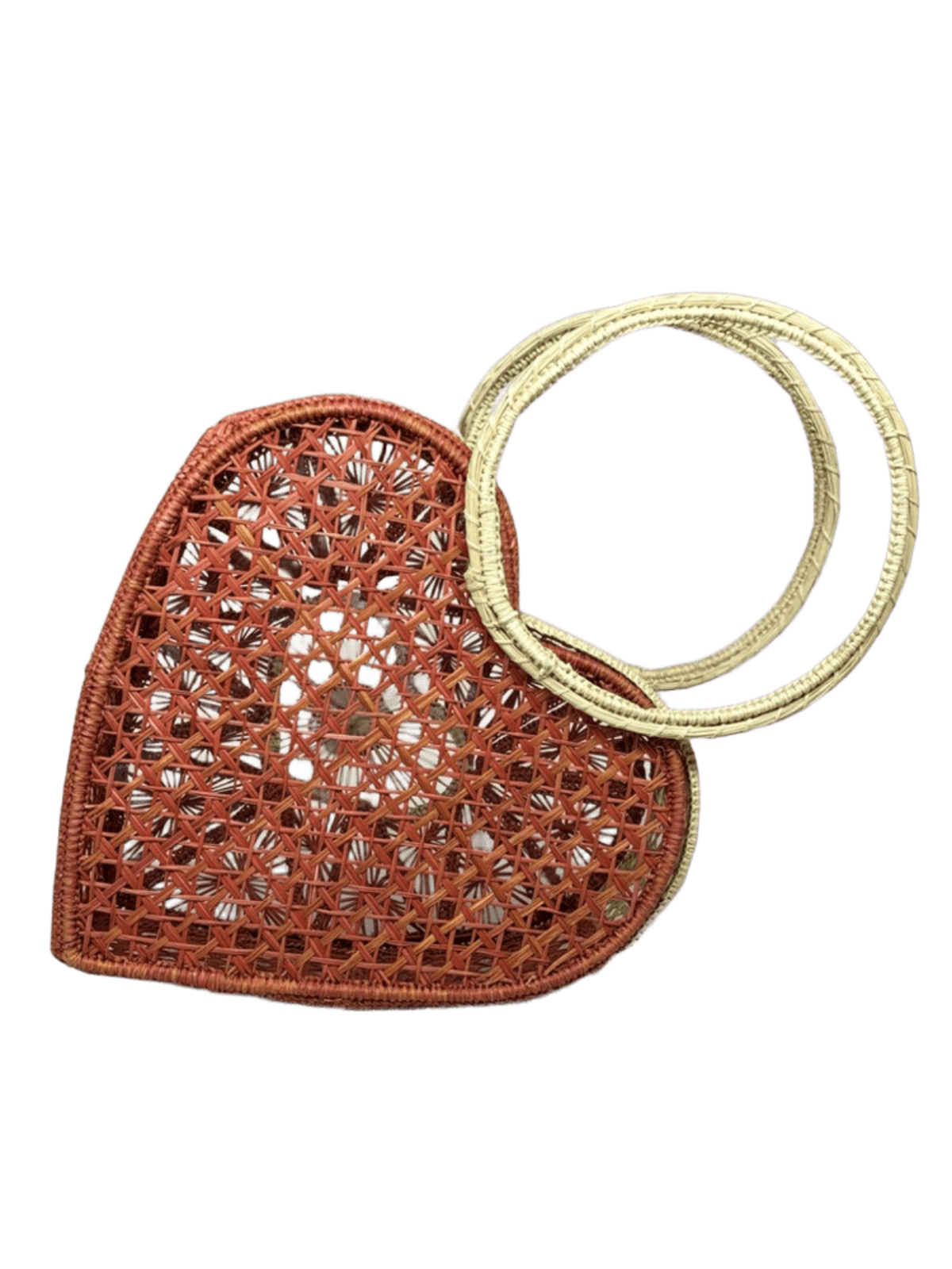 Bolso de espaldas elaborado en palma de iraca tipo corazón color naranja y aza beige