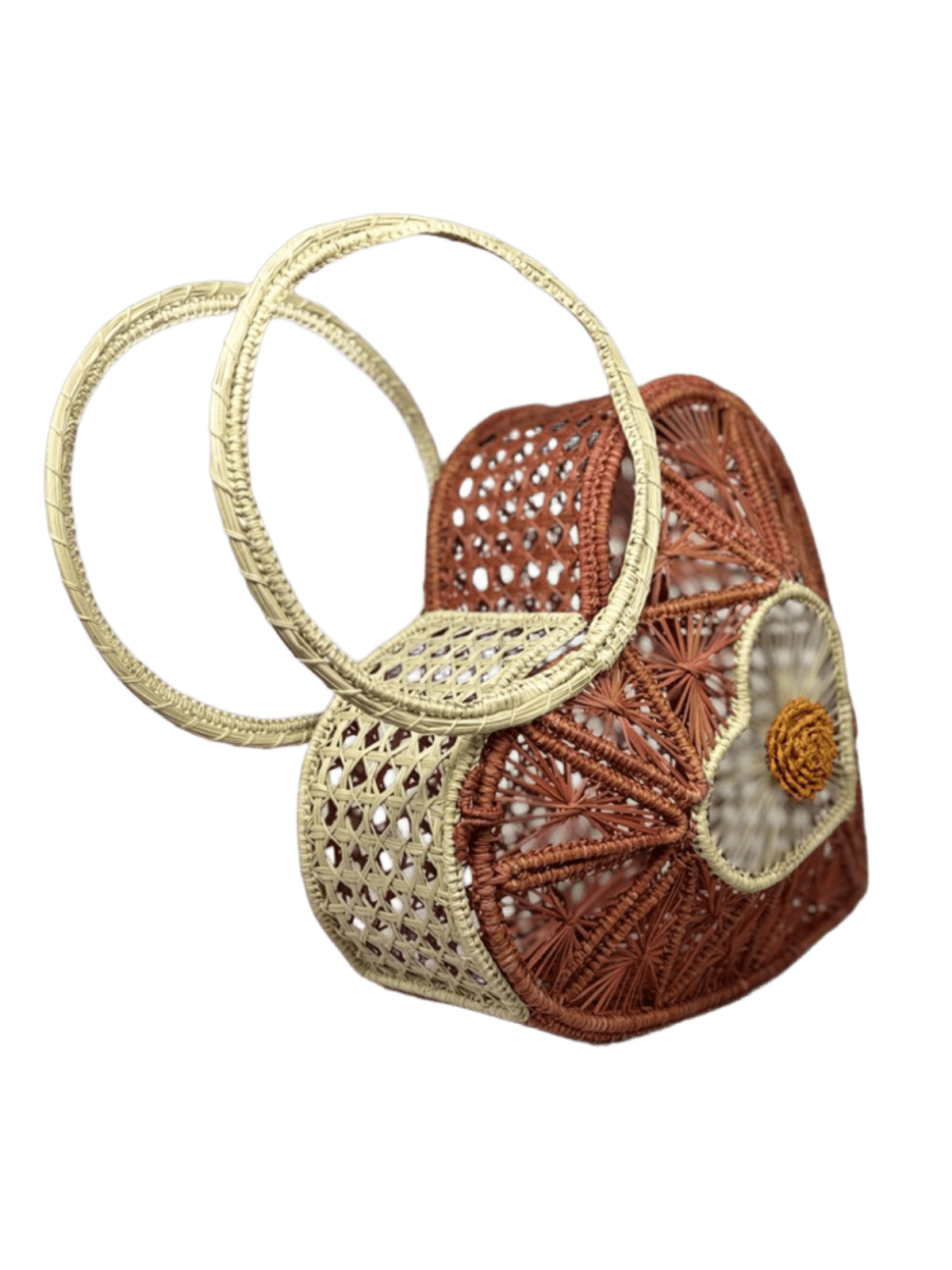 Bolso de lado elaborado en palma de iraca tipo corazón color naranja y aza beige