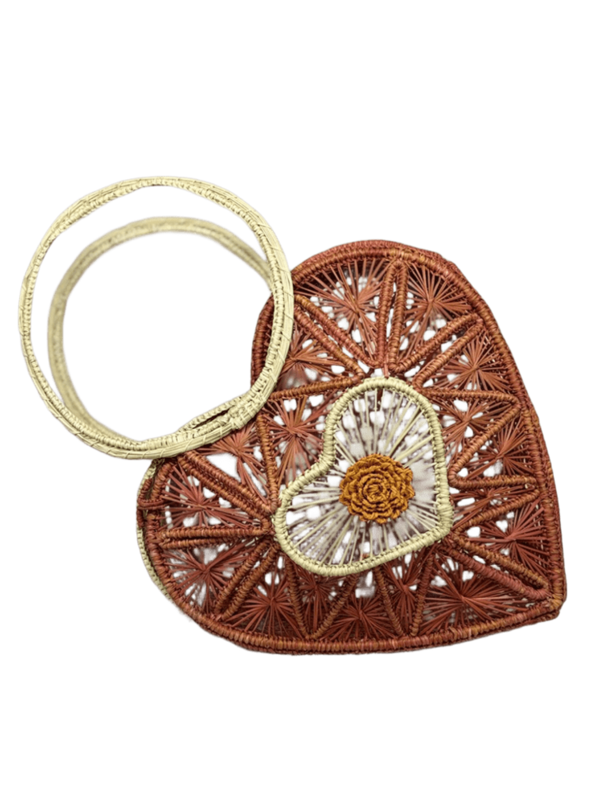 Bolso elaborado en palma de iraca tipo corazón color naranja y aza beige
