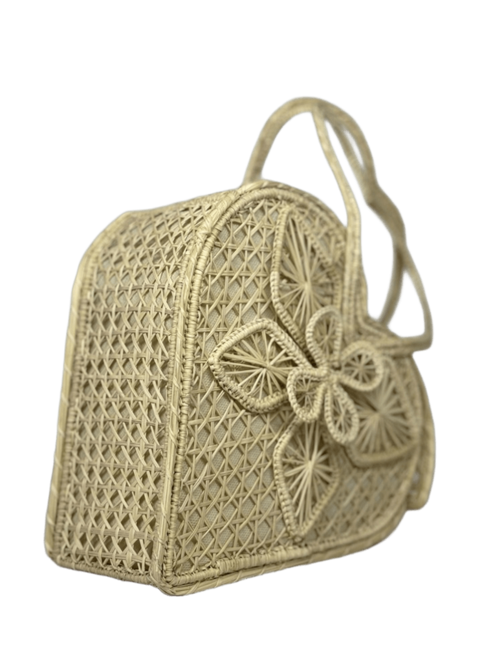 Bolso de perfil elaborado en palma de iraca tipo corazón con una flor central color beige y aza beige