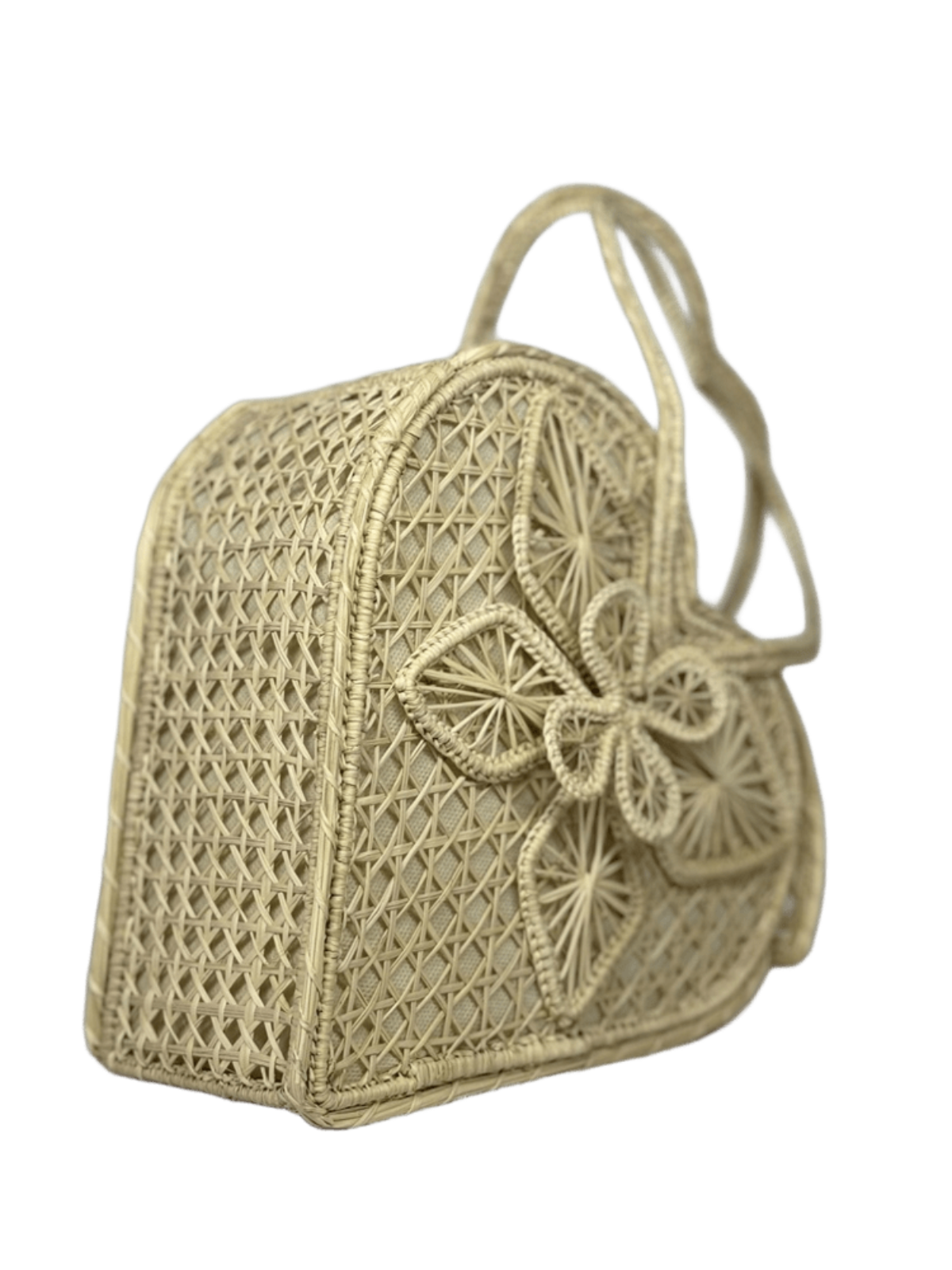 Bolso de perfil elaborado en palma de iraca tipo corazón con una flor central color beige y aza beige