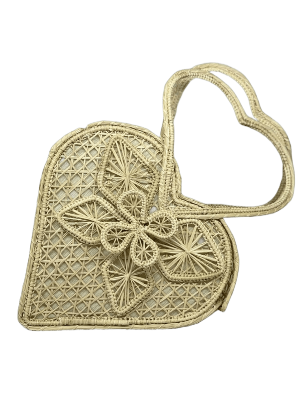 Bolso elaborado en palma de iraca tipo corazón con una flor central color beige y aza beige