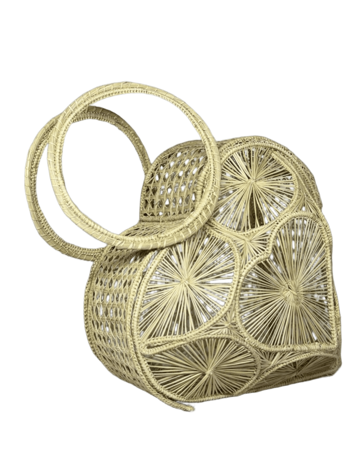 Bolso de perfil elaborado en palma de iraca tipo corazón color beige y aza beige