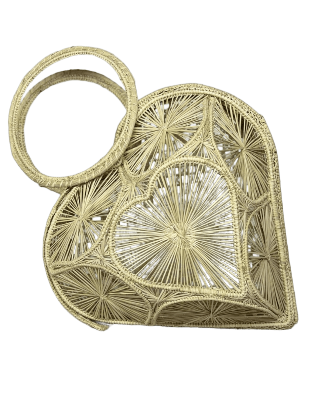 Bolso elaborado en palma de iraca tipo corazón color beige y aza beige