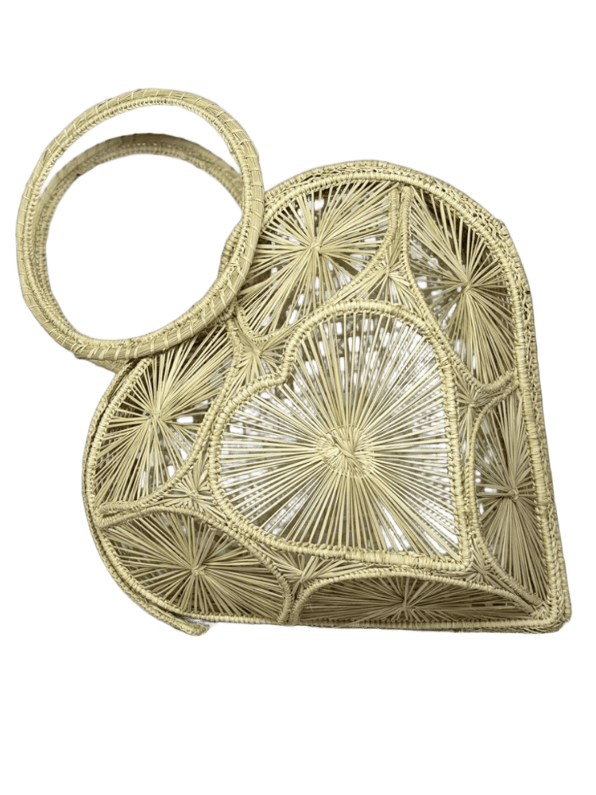 Bolso elaborado en palma de iraca tipo corazón color beige y aza beige