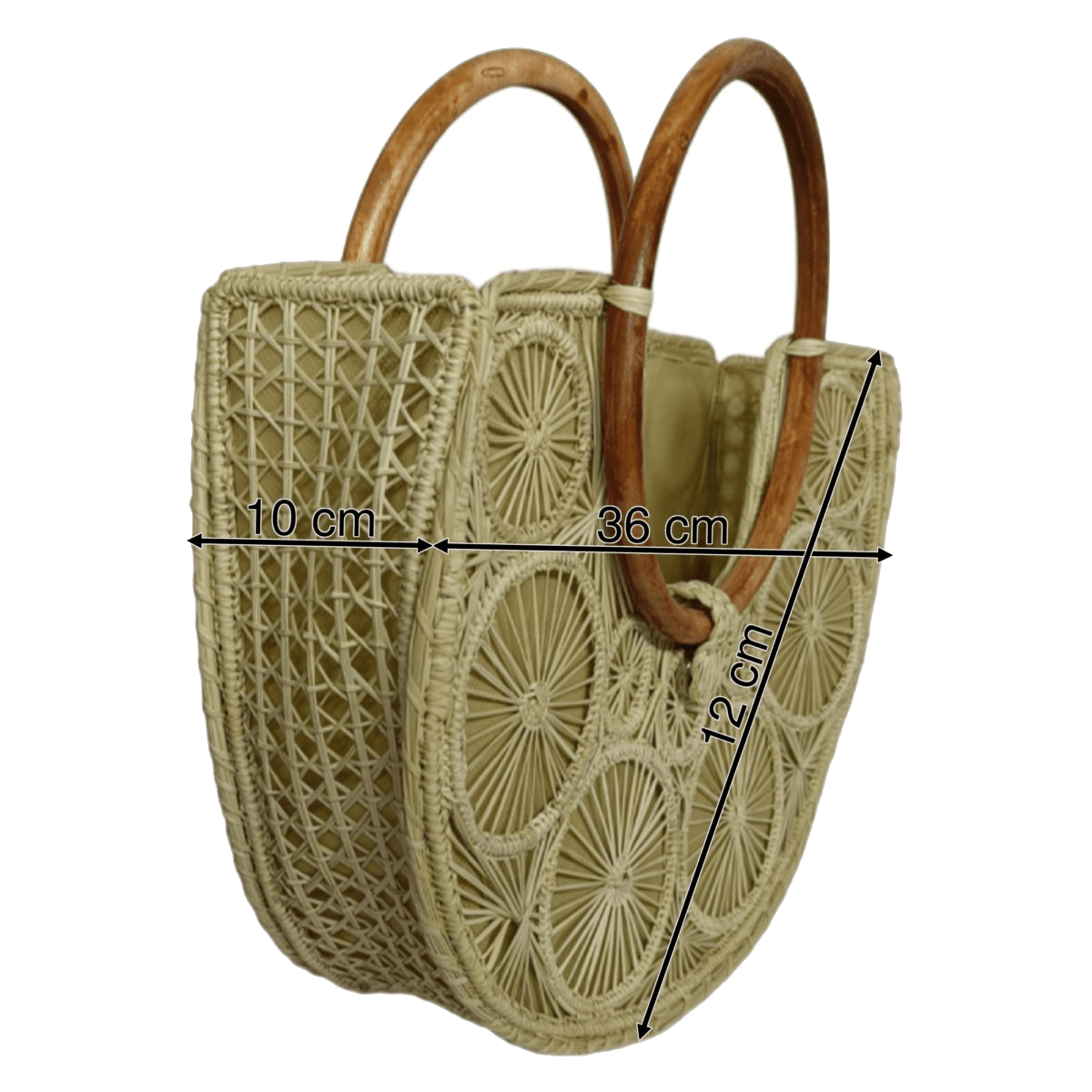Bolso de perfil elaborado en palma de iraca en forma de media luna con aza de madera