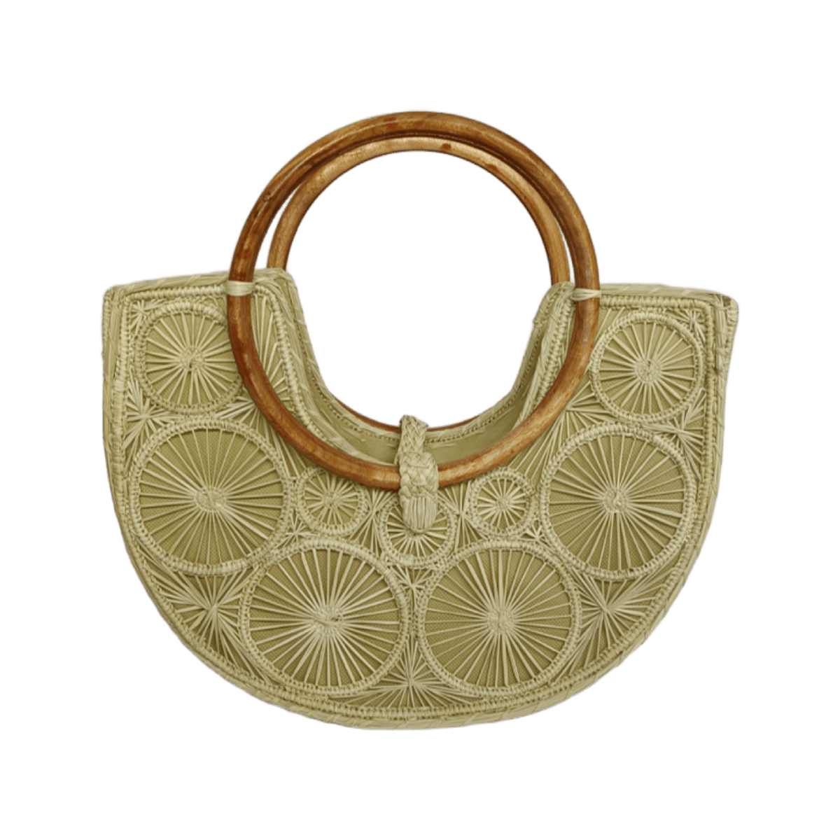 Bolso elaborado en palma de iraca en forma de media luna con aza de madera