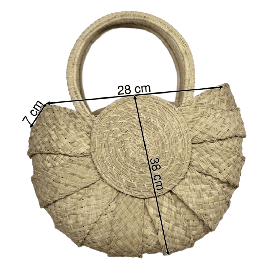 Bolso elaborado en palma de iraca tipo media luna estilo caracol