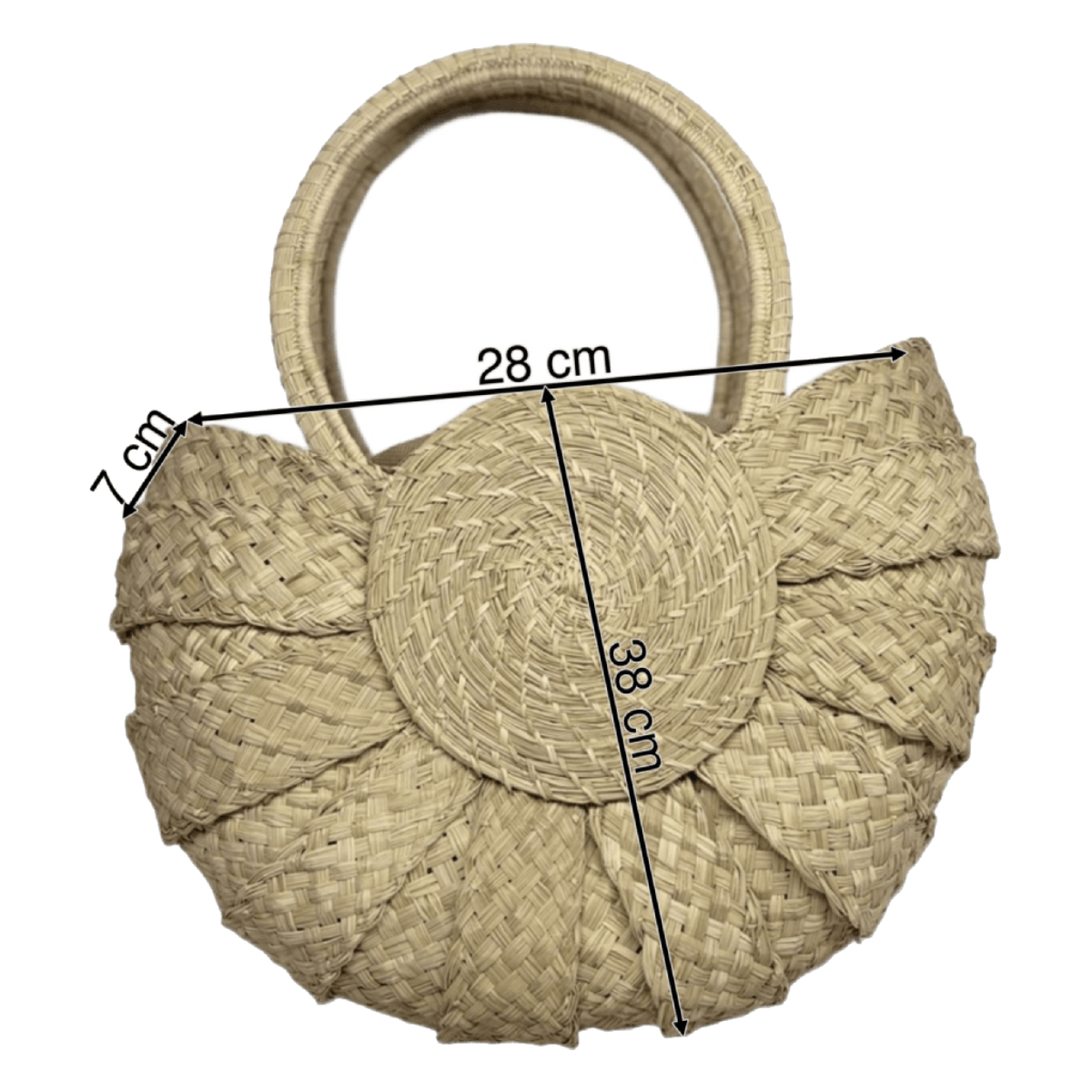 Bolso elaborado en palma de iraca tipo media luna estilo caracol
