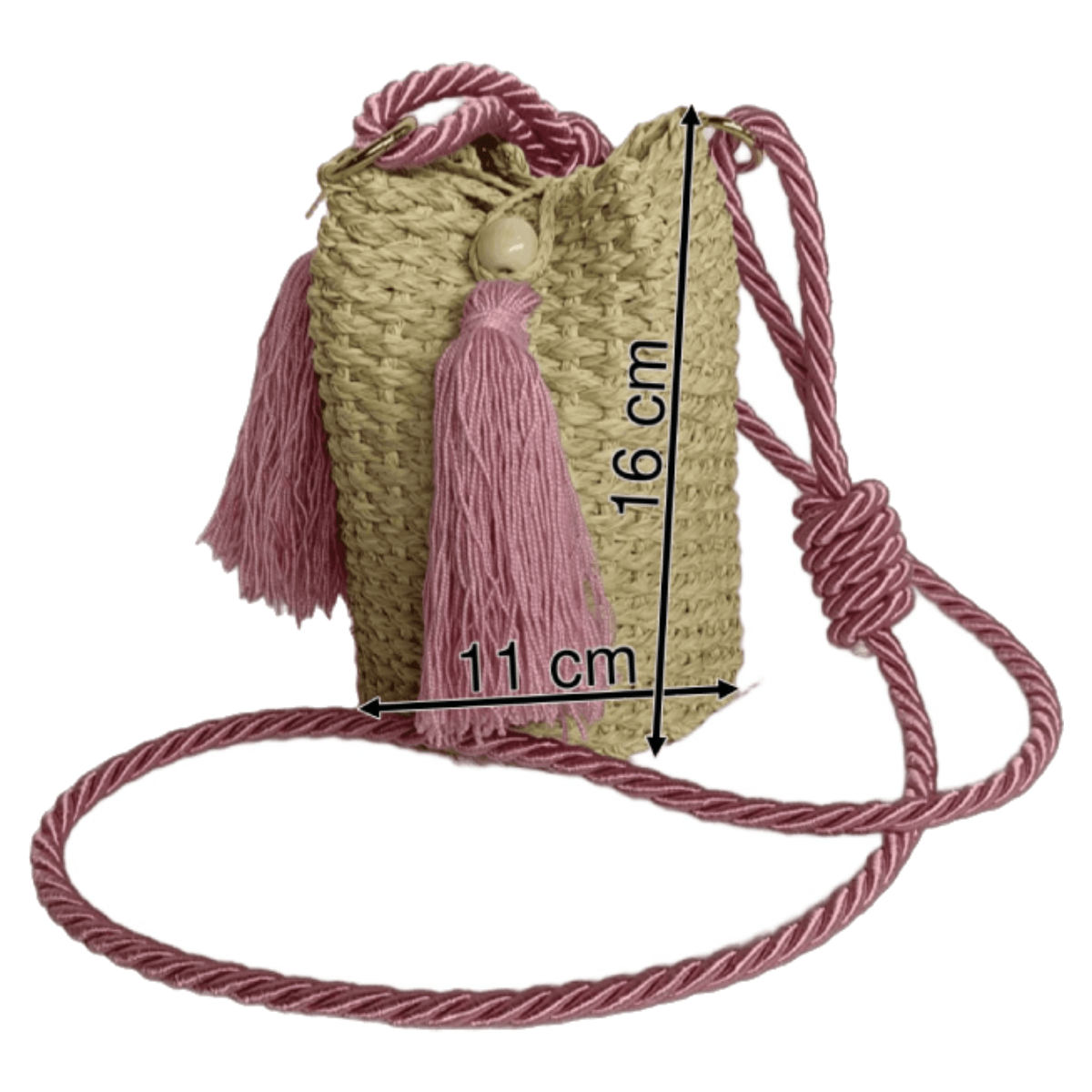 Mini mochila natural borla rosada con lazo elaborado en palma de iraca