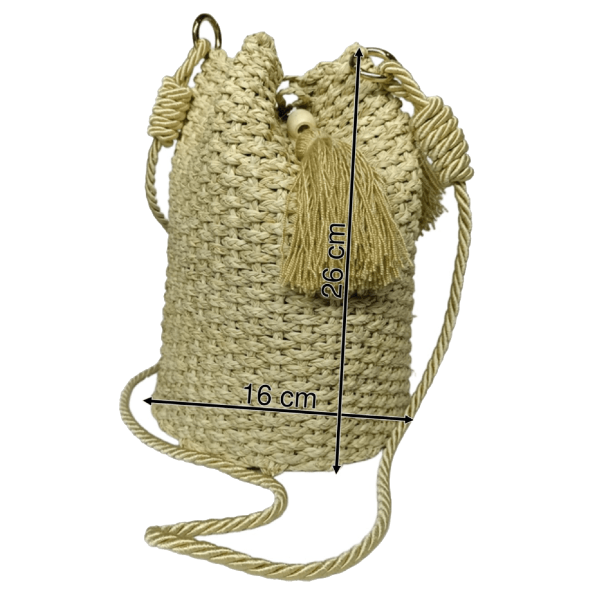 Mochila grande elaborado en palma de iraca con borlas beige y lazo beige