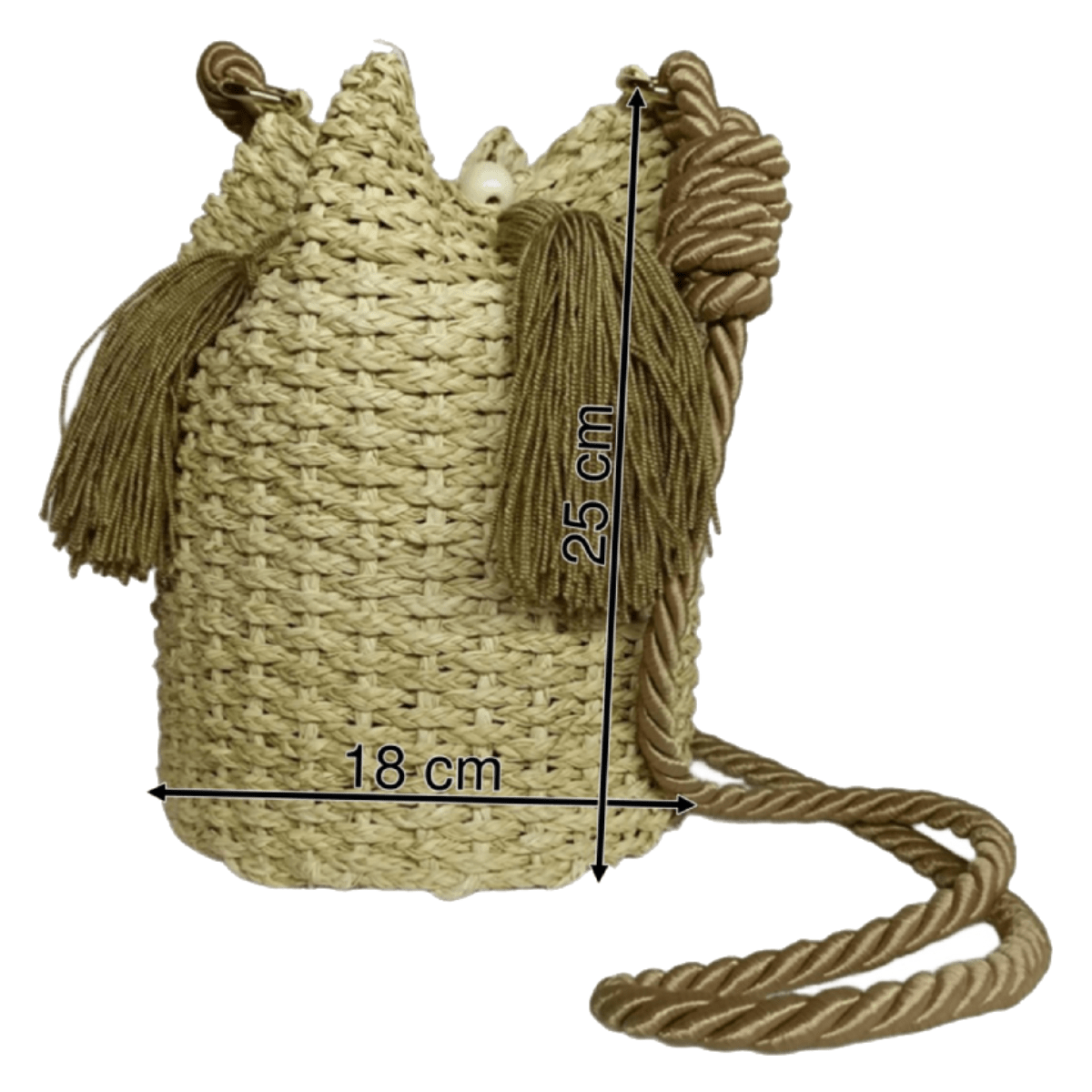 Mochila elaborado en palma de iraca con borlas color café y lazo café
