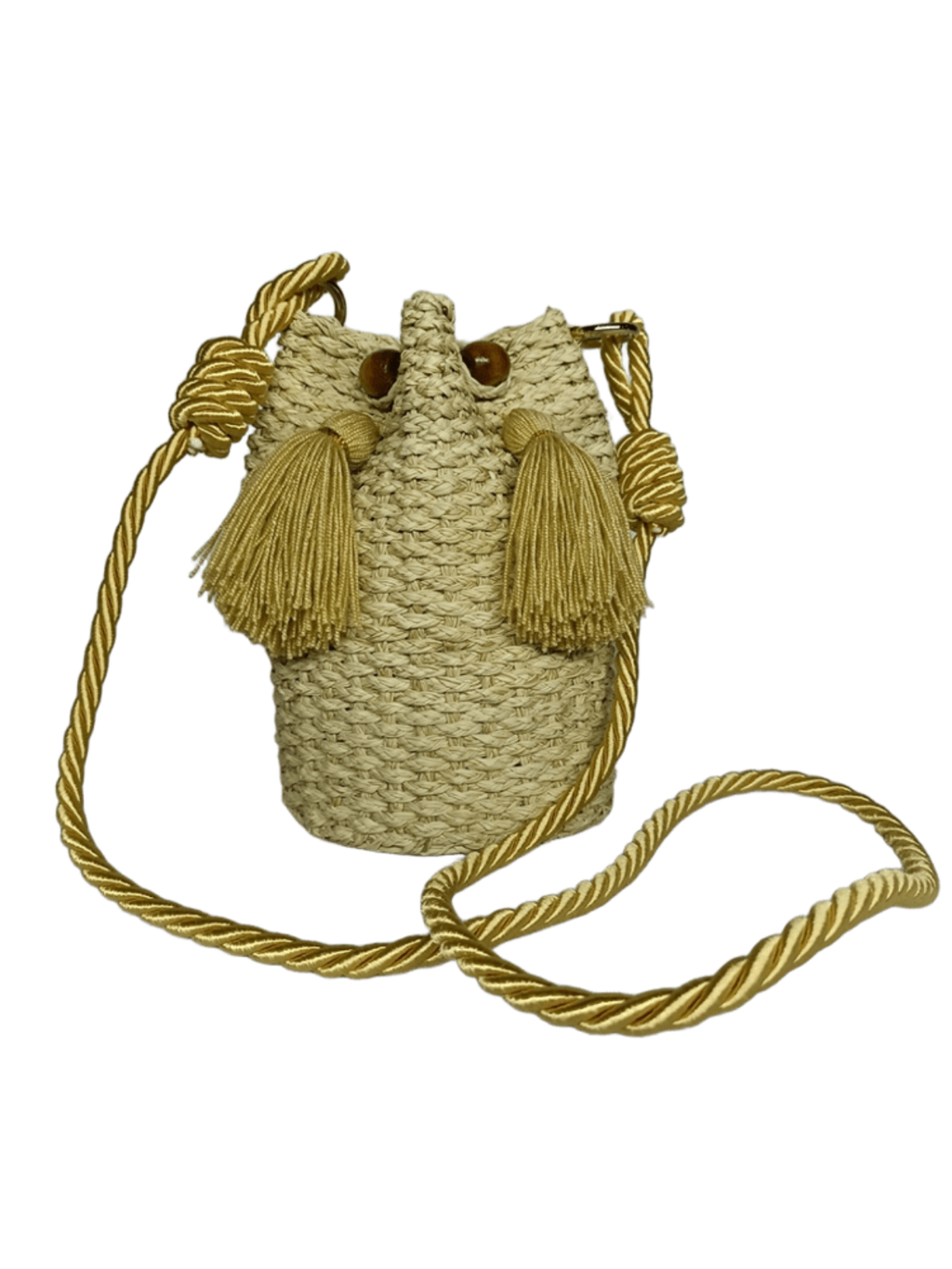Mochila elaborado en palma de iraca con borlas color beige y lazo beige