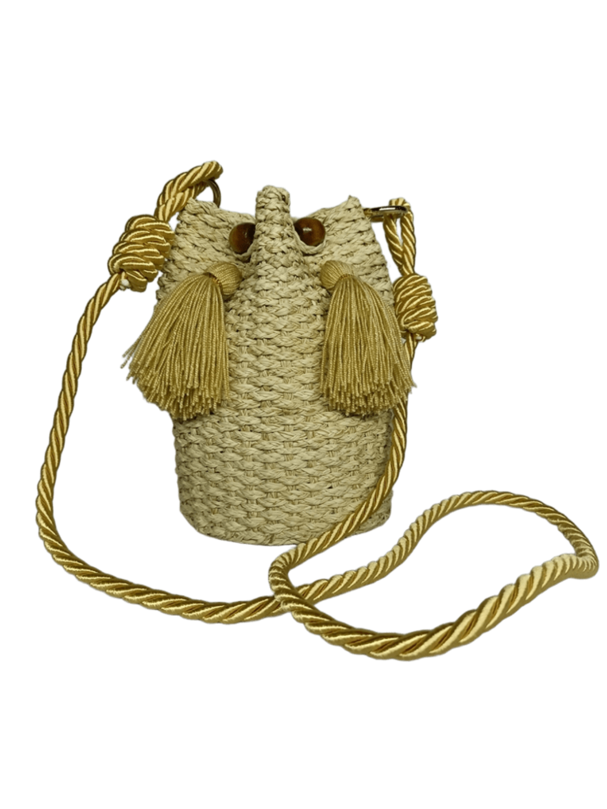 Mochila elaborado en palma de iraca con borlas color beige y lazo beige
