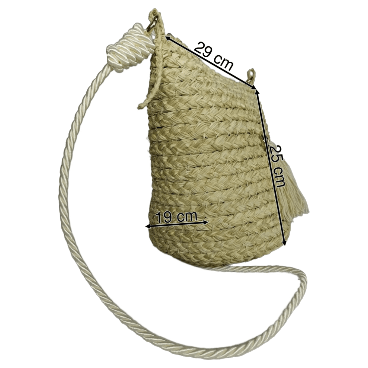 Mochila con cierre elaborado en palma de iraca con borla beige y lazo blanco