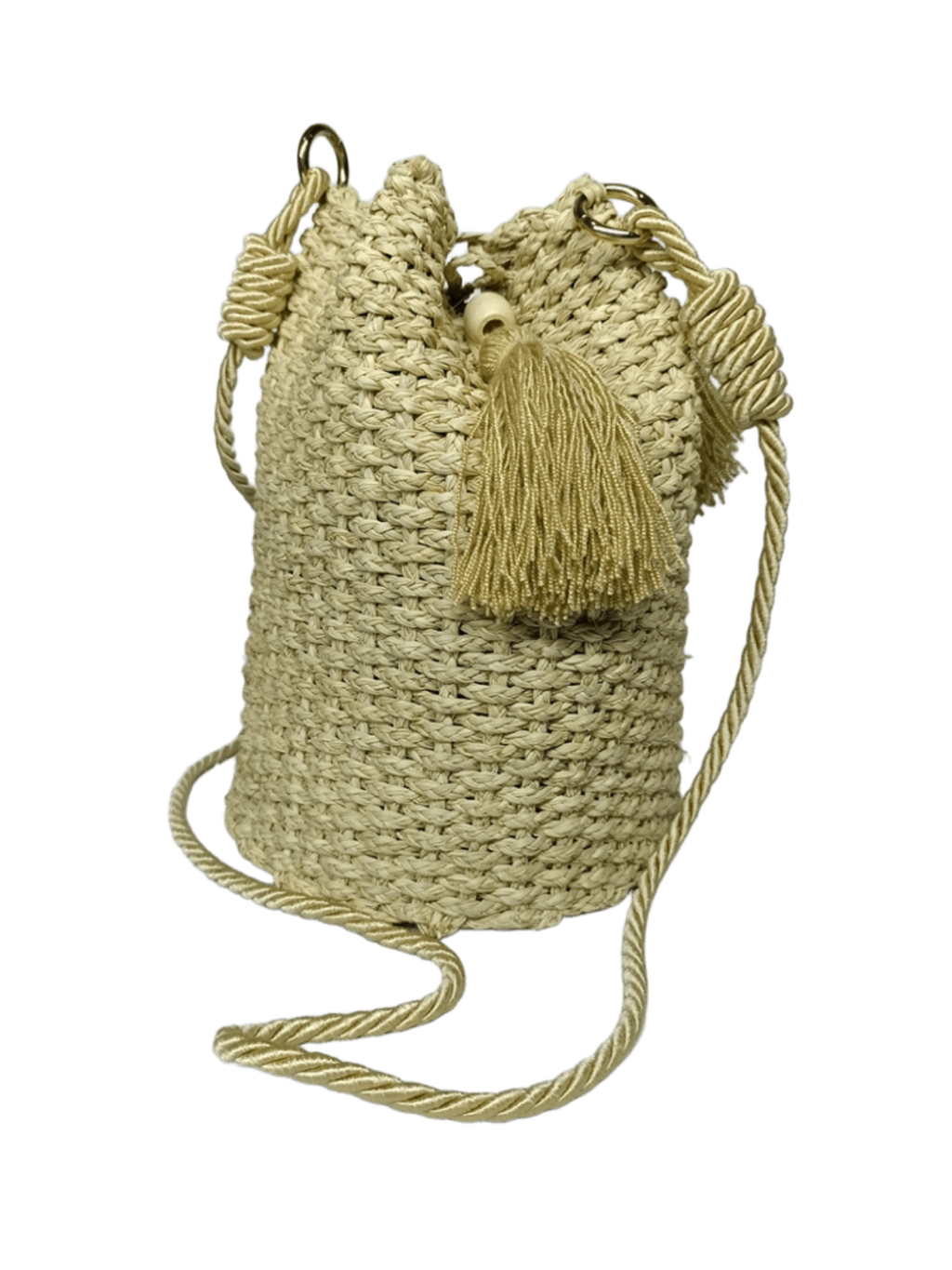 Mochila grande elaborado en palma de iraca con borlas beige y lazo beige