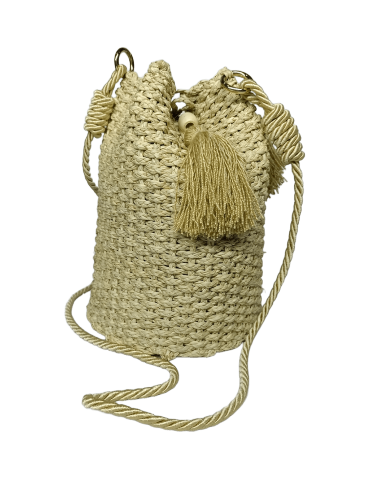 Mochila grande elaborado en palma de iraca con borlas beige y lazo beige