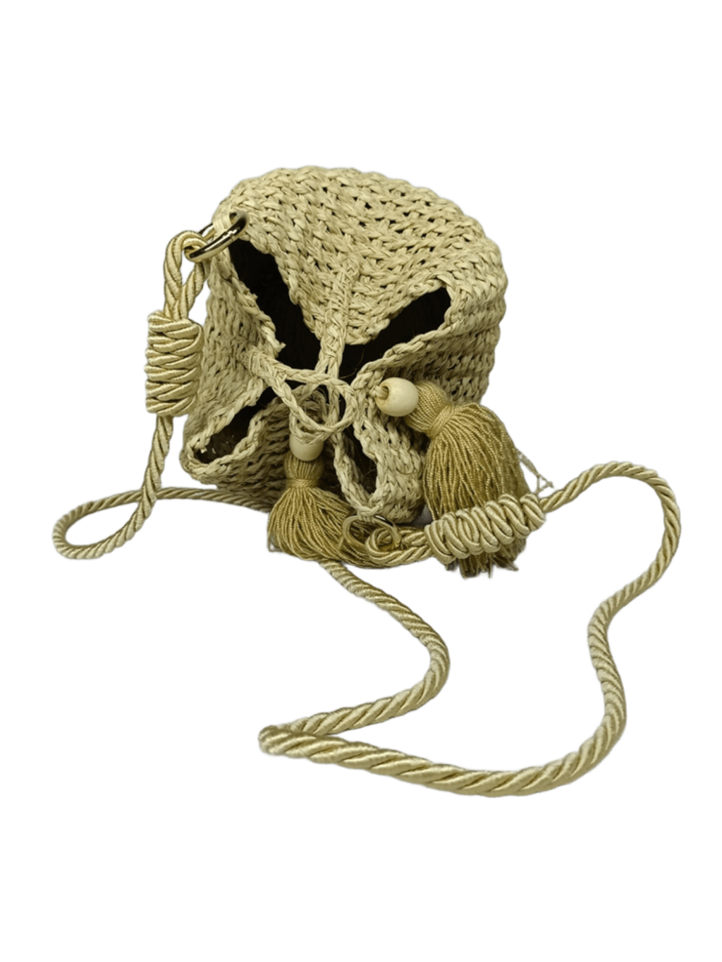 Mochila grande acostada elaborado en palma de iraca con borlas beige y lazo beige