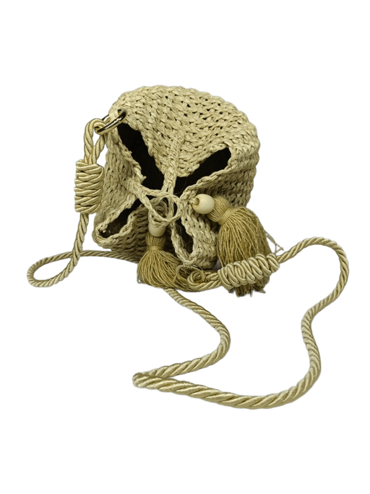 Mochila grande acostada elaborado en palma de iraca con borlas beige y lazo beige