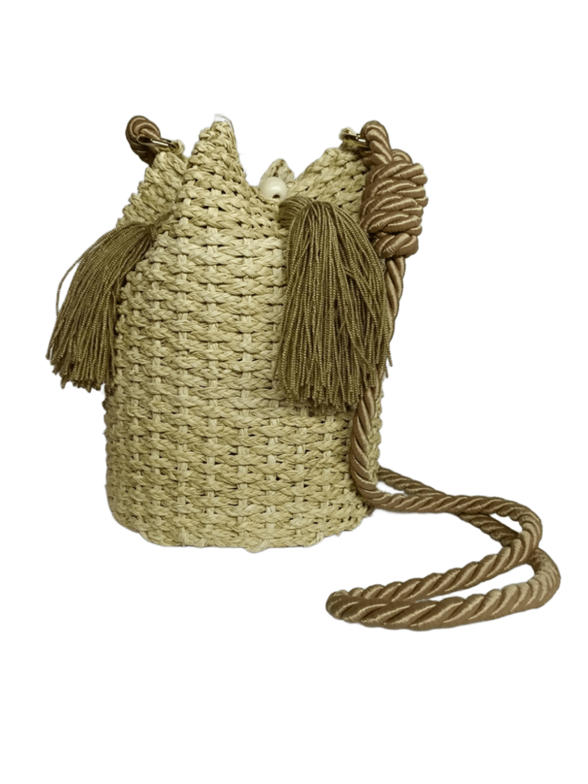 Mochila elaborado en palma de iraca con borlas color café y lazo café