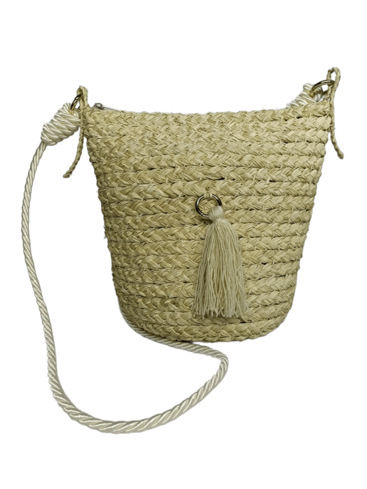 Mochila con cierre elaborado en palma de iraca con borla beige y lazo blanco
