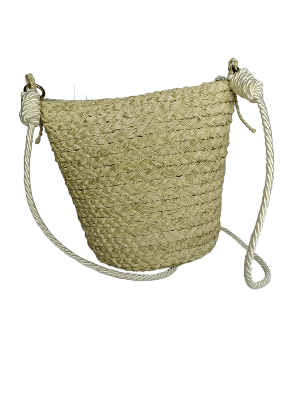 Mochila con cierre de espaldas elaborado en palma de iraca con borla beige y lazo blanco