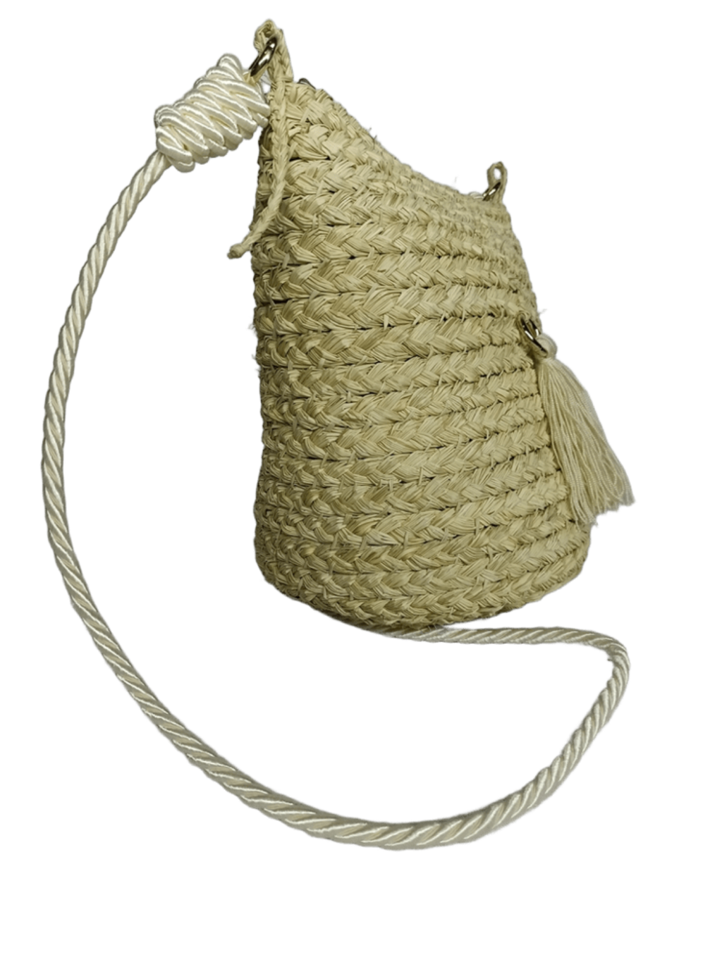 Mochila con cierre elaborado en palma de iraca con borla beige y lazo blanco