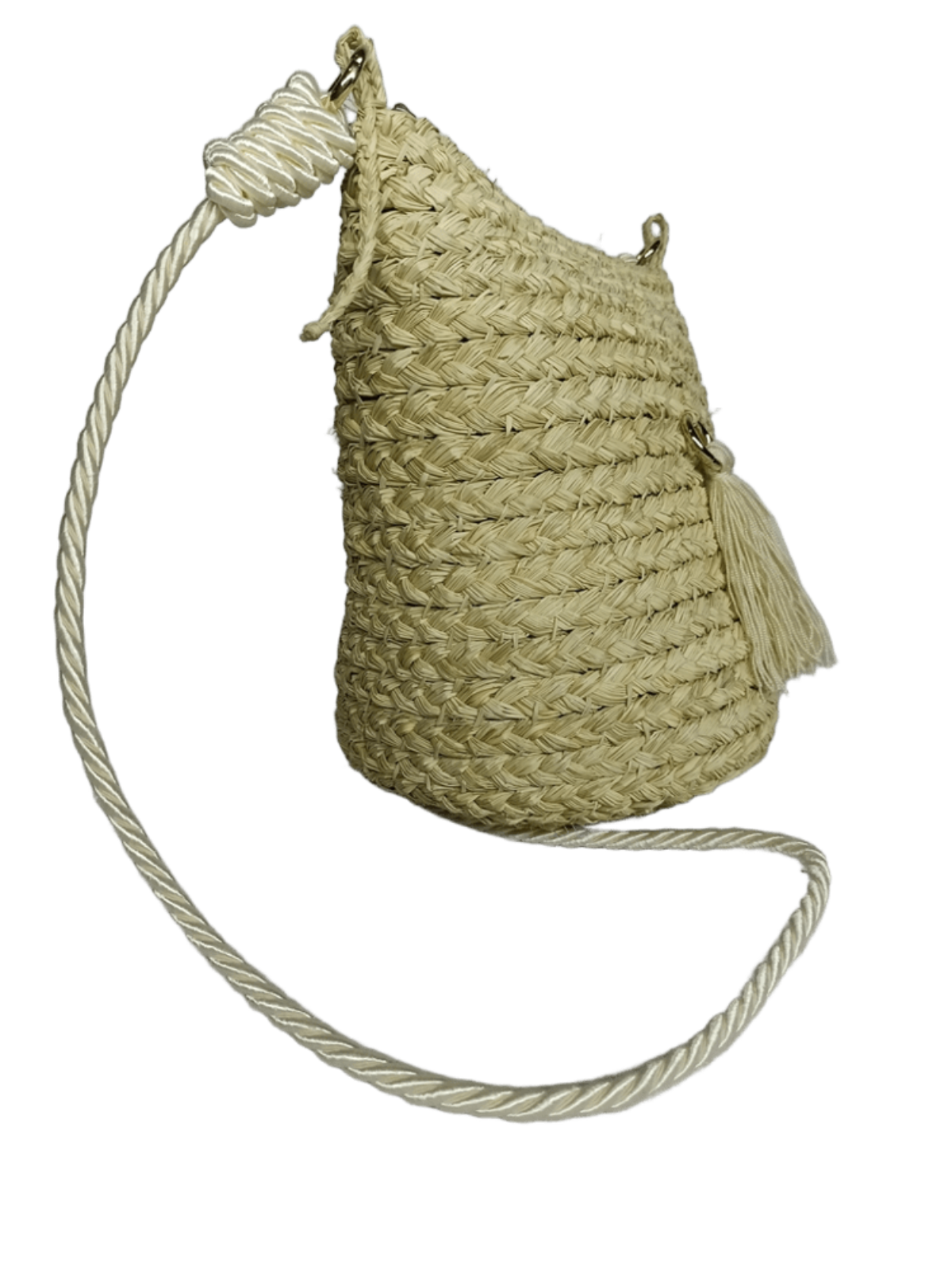 Mochila con cierre elaborado en palma de iraca con borla beige y lazo blanco